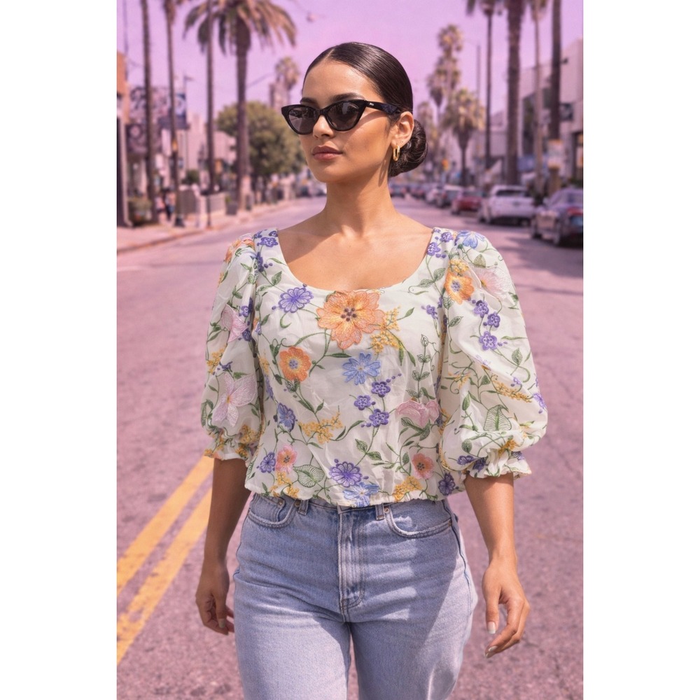 NWT & Other Stories Floral Embroidered Puff Sleeve Cropped Blouse White Size 8